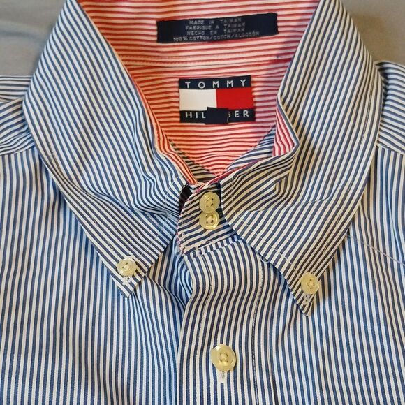 Tommy Hilfiger Color Block Pinstriped Long Sleeve 90s Button Dress Shirt Large - Picture 5 of 8